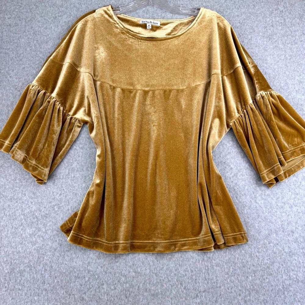 Gold Velvet Bell Sleeve Top Women's M 70s Boho Retro Holiday Statement